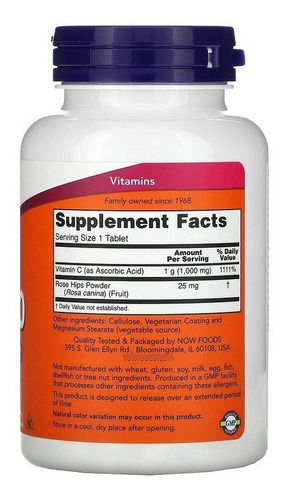 Imagem 2 de 3 de Now Foods Vitamina C 1000mg Importada 100tbt C Rosa Mosqueta Sabor Neutro