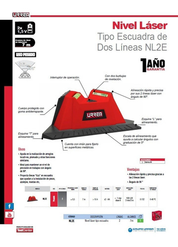 Nivel Láser Tipo Escuadra De 2 Líneas Urrea Nl2e