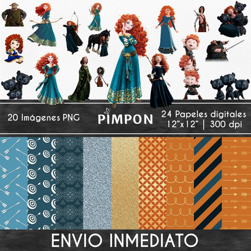 Kit Cliparts + Papeles - Princesas - Merida - Valiente