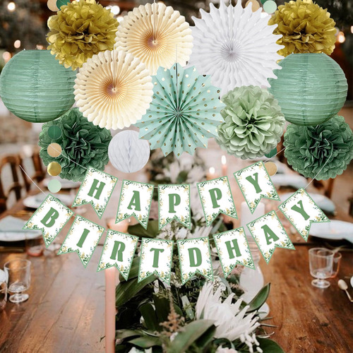 Decoraciones De Fiesta Verde Salvia Y Dorado Para Cumpleaños