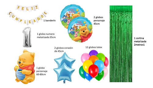 Kit Decoración Whinie Pooh Globos+cortina+banderin Celeste Y Verde