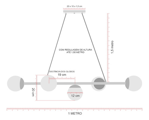 Pendente Luminalux 100cm Retangular 5 Globos Linear Plx5009 Estrutura Champanhe