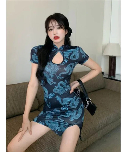 Minivestido Qipao Feminino De Verão Com Estampa De Dragão