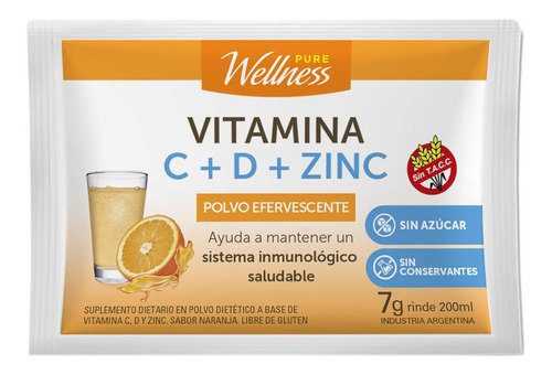 Suplemento Pure Wellness Vitaminas C + D + Zinco X 10 Sobres Sabor Laranja