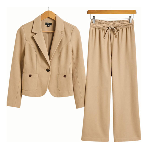 Traje Sastre Mujer Aixa Saco Y Pantalón Estilo Moderno Caqui Lino Rayado 36