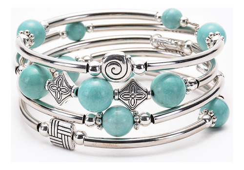 Pulsera De Perlas Turquesas Multicapa Para Mujer