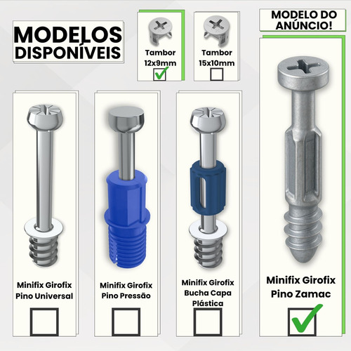 50 Minifix Girofix + Tambor Castanha 12x9mm Parafuso Zamac