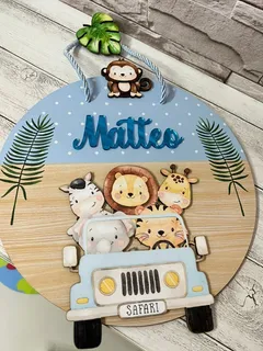 porta maternidade cerquinha safari Enfeite Porta Maternidade Em Mdf Nome Acrílico Safari Azul