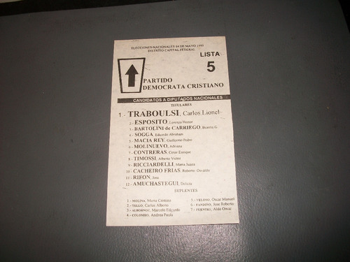 Partido Democrata Cristiano . Boleta Electoral 14/5/1995 .