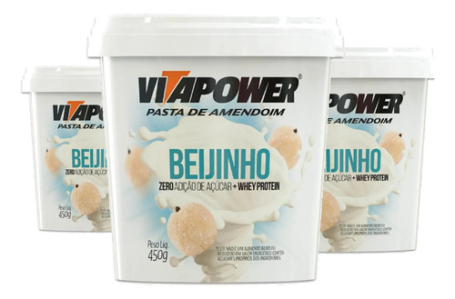 Kit 3 Pasta De Amendoim Vitapower Beijinho Com Whey 450g