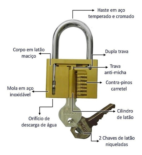 Imagem 3 de 3 de Cadeado 50mm Gold G-50mm Aço Cromado Com 2 Chaves Original