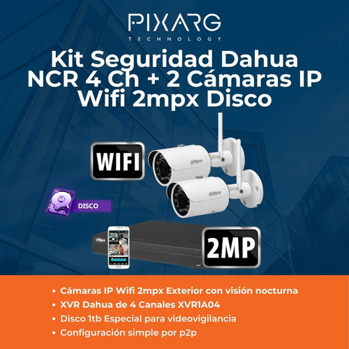 Imagen 2 de 7 de Kit Seguridad Dahua Nvr 4 Ch + 2 Camaras Ip Wifi 2mpx Disco