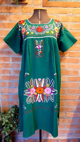 Vestido Mexicano Midi Com Manga Algodão Bordado A Mão Varal