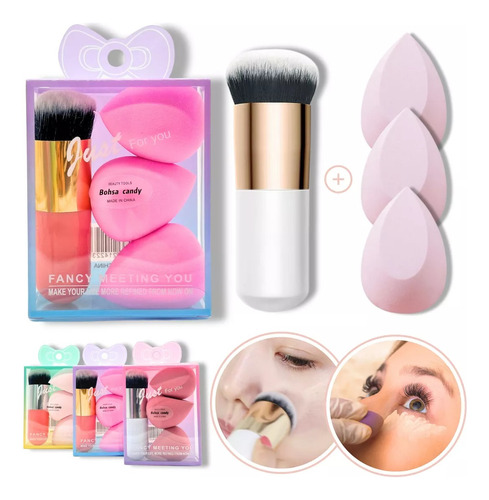 Set Brocha + 3 Esponjas Blender Para Maquillaje Base Make Up