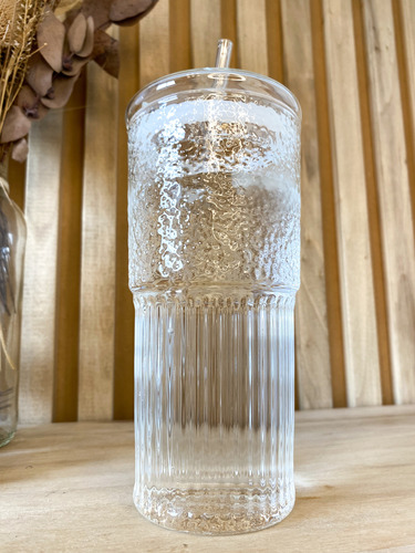 Vaso Aesthetic Con Sorbete Y Tapa De Vidrio Tramado X650ml Transparente