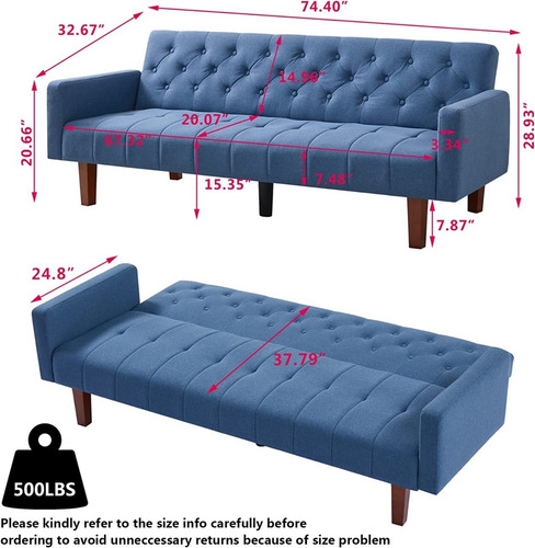Futon Convertible De Tela Color Azul Marca Mikibama