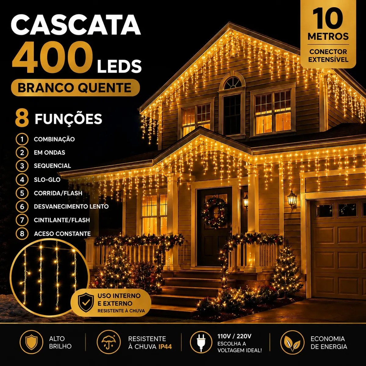 Cascata de Natal LED 400 Luzes Branco Quente 10m com 8 Funções para Decoração Externa e Interna