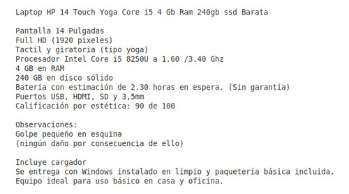 Laptop Hp Touch Yoga Core I5 4 Ram 240 Ssd Barata Alt Hp (Usado)