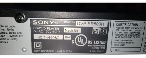 Blu-ray Sony Dvp-sr500h Hdmi Cd/dvd Player, 10w Negro (Usado)