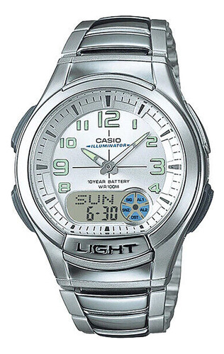 Reloj Casio Anadigi AQ-180WD-7BVDF para hombre, correa de acero inoxidable, color plateado, bisel, color plateado, fondo plateado