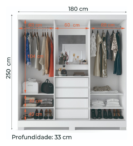 Guarda Roupas Casal Capela Com Espelho São Paulo Branco Fama