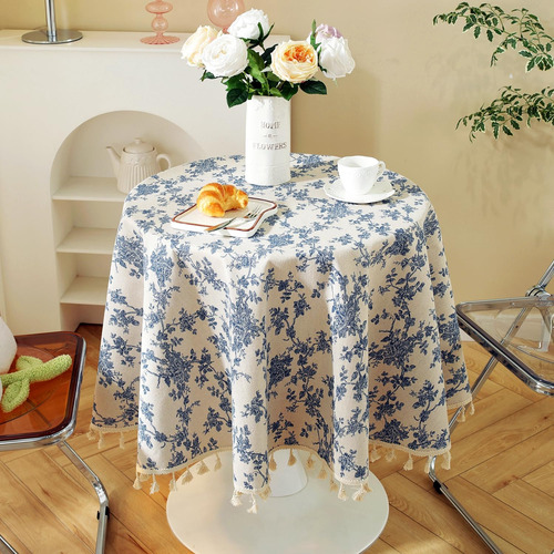 Mantel Redondo De Lino Floral Con Borlas Azules