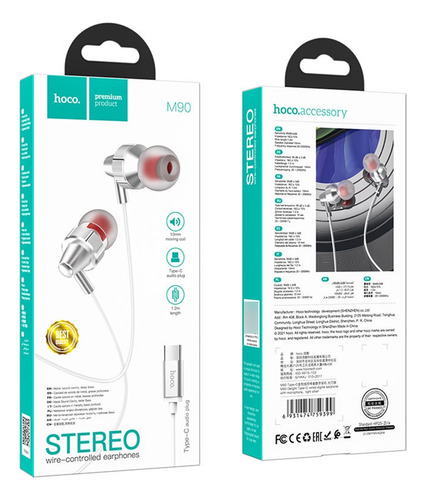 Audífono Earphone Tipo C Hoco M90 Alámbrico 1,2m Gris