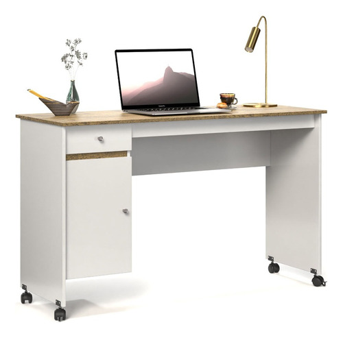 Escrivaninha Mesa Para Computador Com Gaveta E Rodizios Cor Branco-freijo