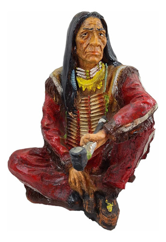 Apache Sentado Con Pipa Momento De Paz, Figura Resina 43 Cm 