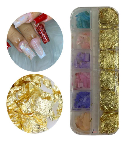 Kit 2 Madre Perola + Folhas De Ouro Decoração De Unha Gel