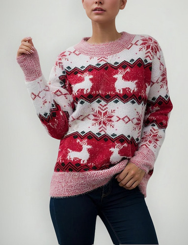 Suéter Punto Suave Con Copos De Nieve Para Mujer Navidad