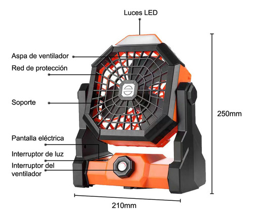 Ventilador De Camping Recargable Portátil Con Luz Led