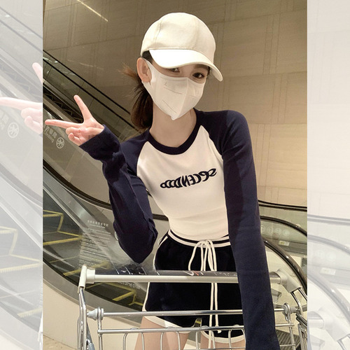 Camiseta De Manga Larga Color Block Slim Fit Para Mujer