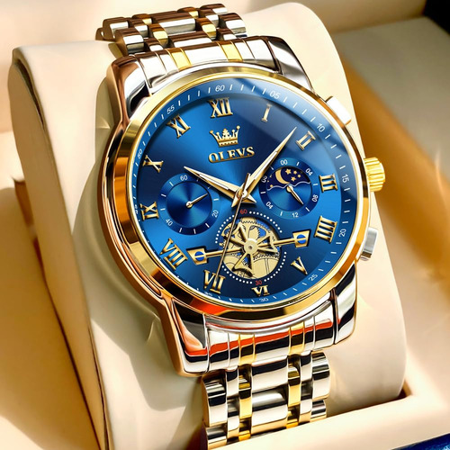 Reloj Olevs Blue Analog Quartz De Acero Inoxidable Para Homb