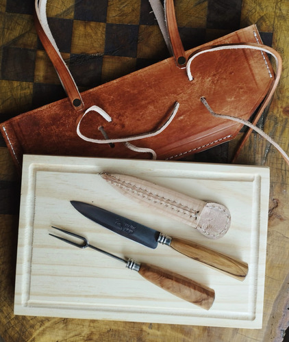 Set Juego Asador Olivo, Cuchillo, Tenedor, Tabla Y Grabado