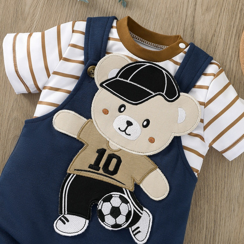 Conjunto Tierno Bebé Con Overol Y Estampado De Osito Y Rayas Azul 3-6 M