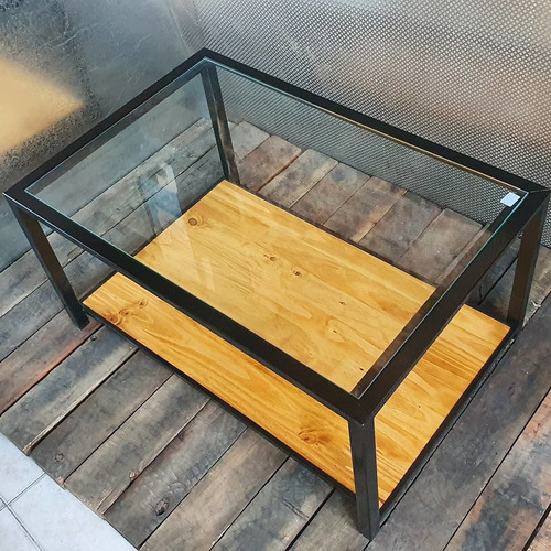 Imagen 5 de 7 de Mesa Ratona Arrime Industrial Hierro Madera + Cristal 10mm