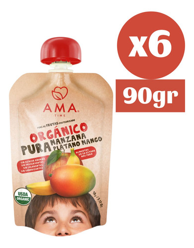 6x Ama Pure Fruta Manzana Platano Mango Orgánico Papilla