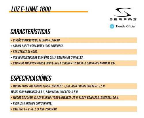 Imagen 8 de 10 de Luz Delantera Serfas E-lume 1600
