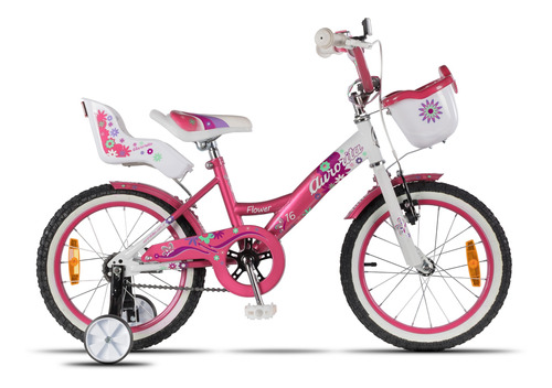 Bicicleta infantil Aurora Infantiles Flower 16 frenos v-brakes y contrapedal color rosa con ruedas de entrenamiento  