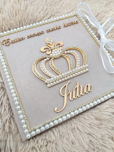 Imagem 3 de 9 de Livro Do Bebê Luxo Linho Coroa Lis Personalizado Com Nome