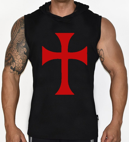 Camiseta Regata Com Capuz Cruz Cavaleiro Templário Preta