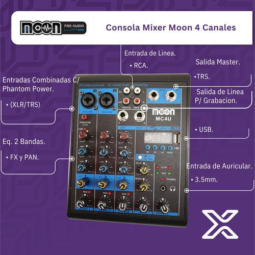Mixer Interface De 4 Canales Fx Usb Bt Phantom Mc4u Moon