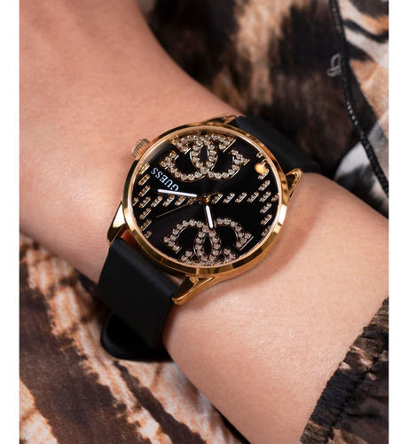 Reloj Mujer Guess Steel Dorado Silicona. Correa Negro