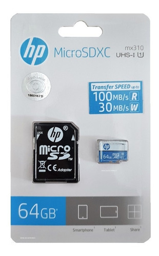 Memoria Micro Sd 64 Gb  Hp Clase 10 Uhs-i  100 Mb/s Genuina