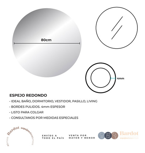Espejo Redondo 80 Cm Decorativo Baño Living De Pared Grande Borde Pulido