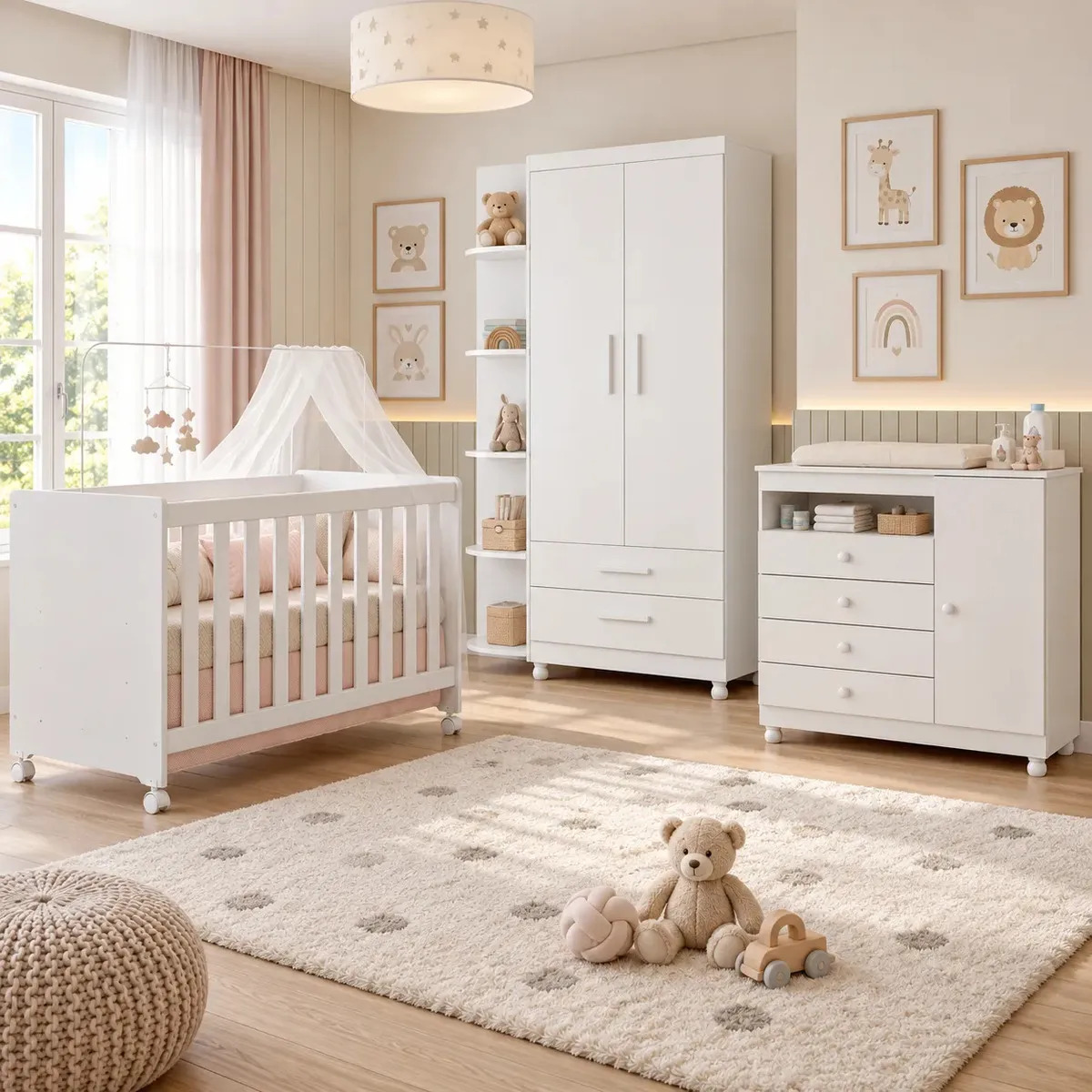 Jogo Quarto Bebê Berço Americano Guarda Roupa Cômoda Colchão Branco