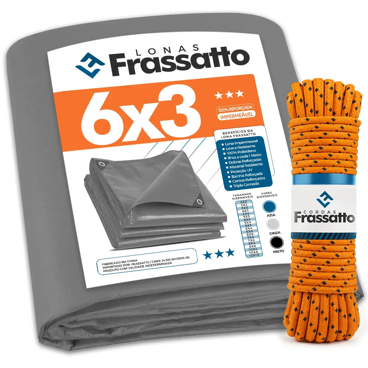 Lona Impermeavel 6x3 Ou 3x6 Cinza Reforçada Multiuso Cobertura Piscina Telhado Barraca Camping Proteção Uv Com Ilhós Frassatto