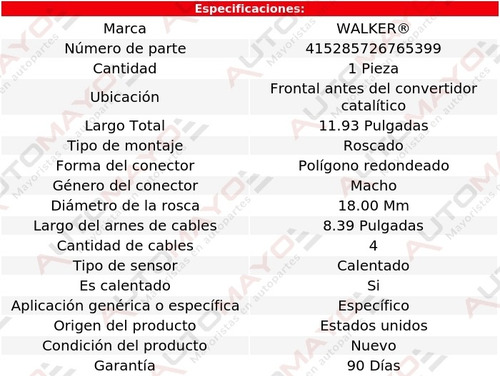 Sensor De Oxígeno Frontal Acc Walker Camry 6 Cil 3.5l 18-21