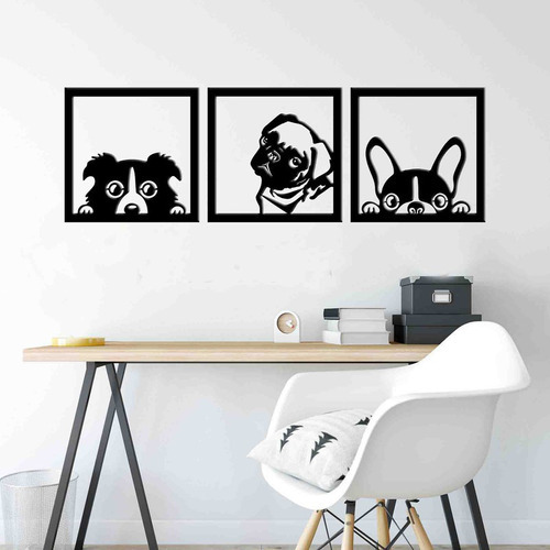 Quadro decorativo Zeus Sports Quadro decorativo vazado Sala/Quarto cachorros de 30cm x 30cm de 3u - preto